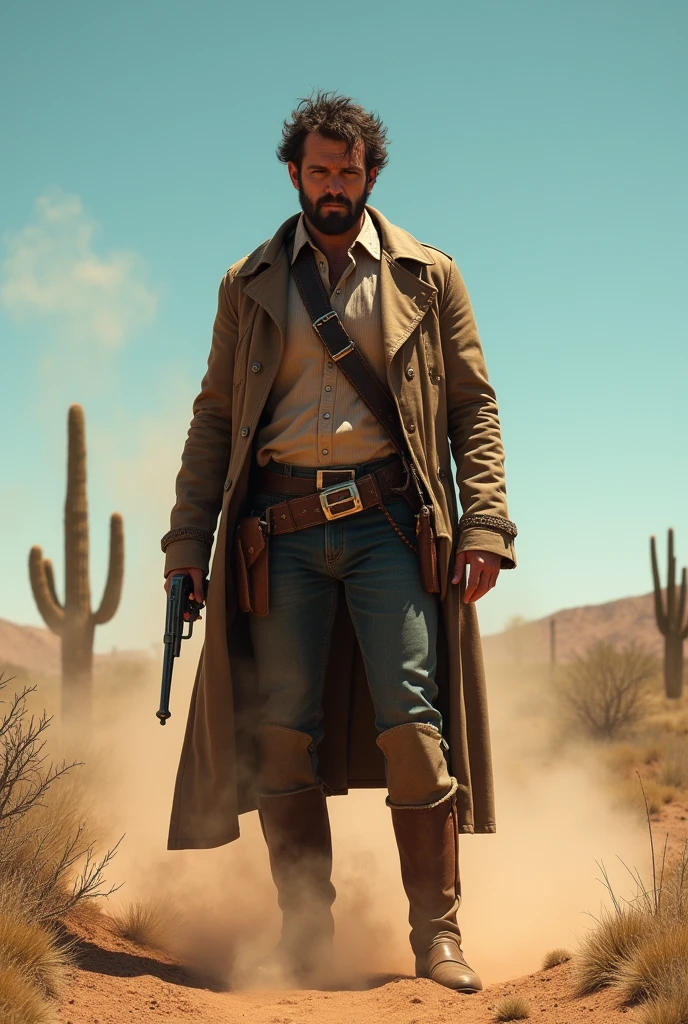 "Create an illustration of a western outlaw dressed in rugged, worn-out clothing typical of the Old West. The outlaw should have a prominent revolver holster strapped across his chest or on the side of his chest. Ensure that his body is fully covered and not exposed, and the setting should reflect the dusty, harsh landscape of the frontier. The outlaw’s expression should show toughness and readiness."