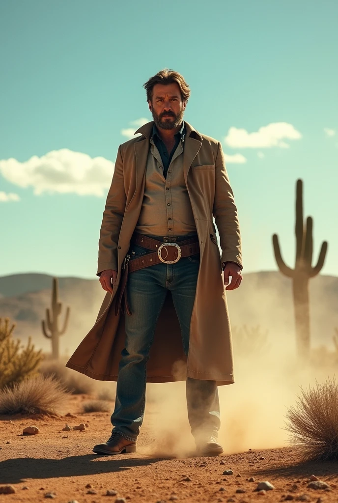 "Create an illustration of a western outlaw dressed in rugged, worn-out clothing typical of the Old West. The outlaw should have a prominent revolver holster strapped across his chest or on the side of his chest. Ensure that his body is fully covered and not exposed, and the setting should reflect the dusty, harsh landscape of the frontier. The outlaw’s expression should show toughness and readiness."