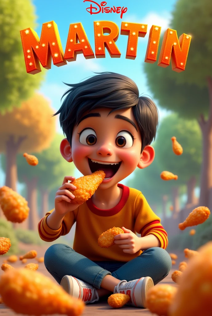 A 3D Disney movie cover with the title: Martin, with an obese, light brown-skinned -yeld boith straight black hair eating a fried chicken wing