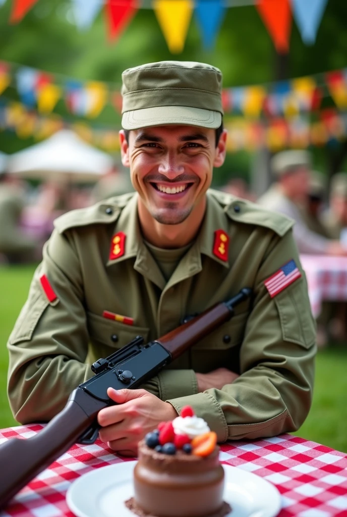 Army officer smiling at dessert with rifle