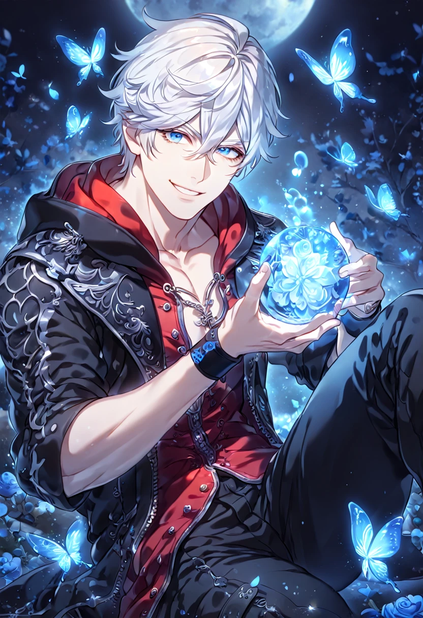 absurdres, highres, ultra detailed, HDR, master piece, best quality, extremely detailed, detailed face, Nero, medium length white hair, hair between the eyes, expressive blue eyes, Devil May Cry, solo, sexy man, handsome, smile, manly man sitting, black coat, hooded red vest, black wrist band, black pants, magical, fantasy, under a blue tree, blue flames, blue moon, blue fireflies, blue roses, blue butterflies, glass magic
