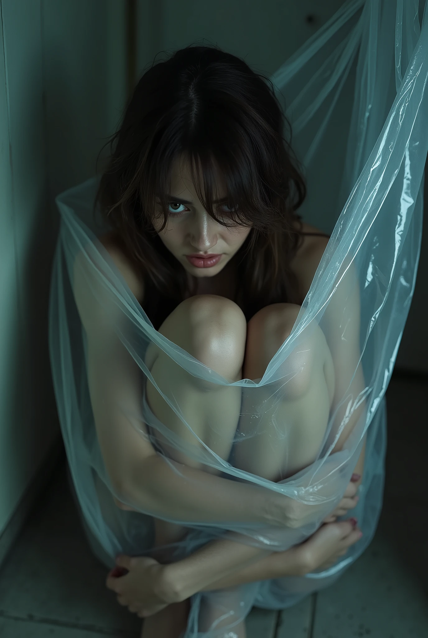 A woman locked up, trapped, serrant ses genoux, very tight in a clear plastic bag, trying to get out of side view