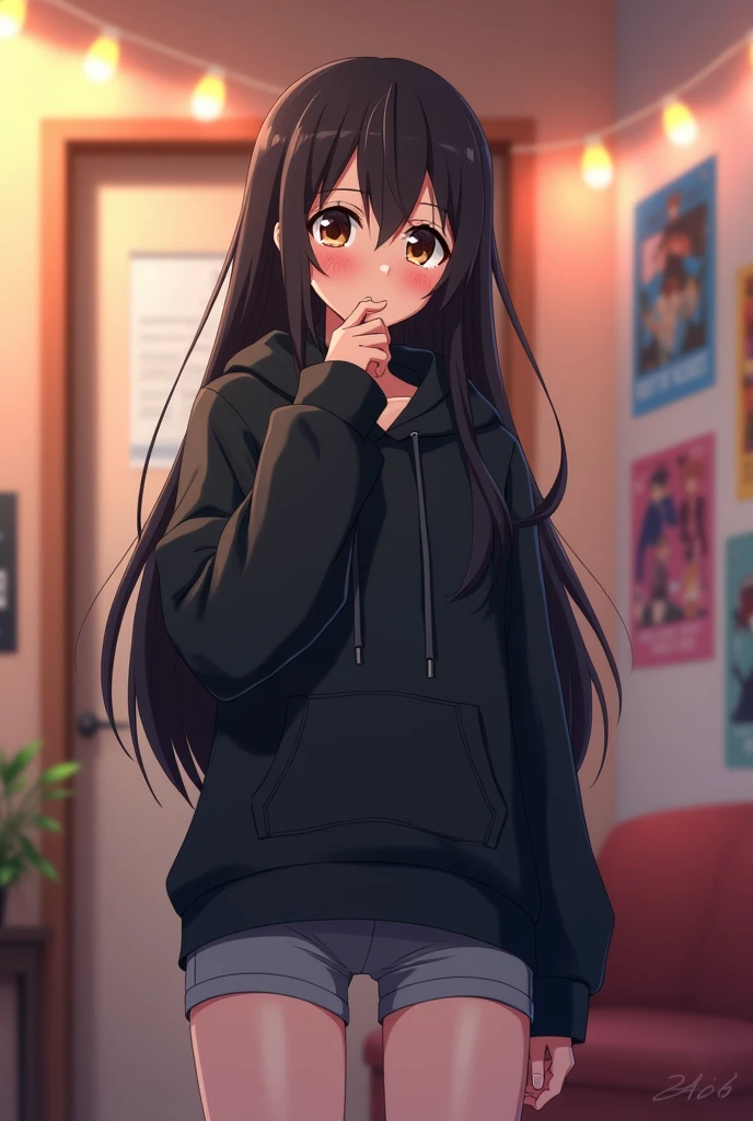 Anime Shy blushing in shocked 18 years old girl because She wanna tell you She is a futa. Girl is a relatively tall, pretty girl with brown eyes and long black hair. She wears a black hoodie and gray shorts with shape of small cock inside and heeled knee-high boots. She cries and blushes because She wants to tell you that she is a futa but is scared you gonna leave her so she cry in fear.