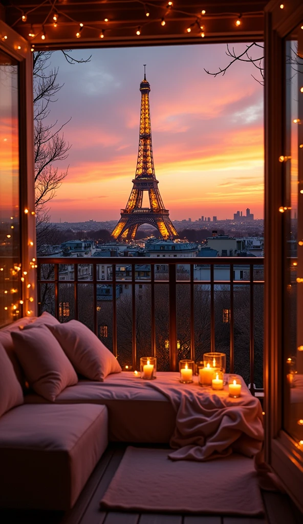 A balcony overlooking the Eiffel Tower at sunset in Paris. Comfortable sofas decorated with candlelight and fairy lights create a romantic atmosphere."