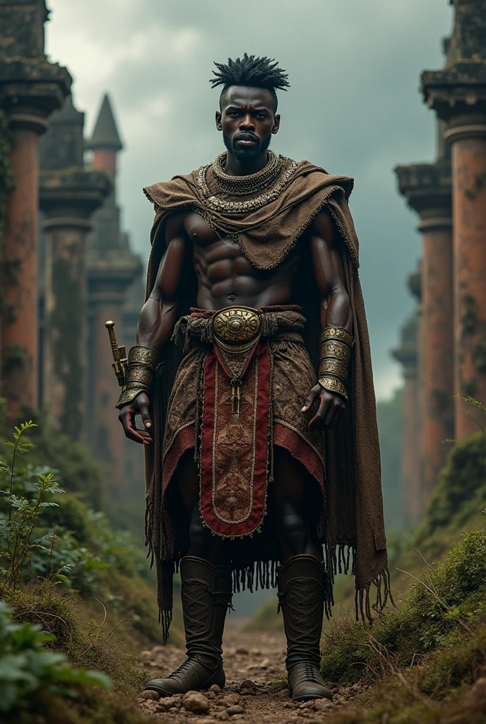 A black man and warrior with characteristics of the revolt of evils, but with clothes from his time and in the form of a full-body box theater doll