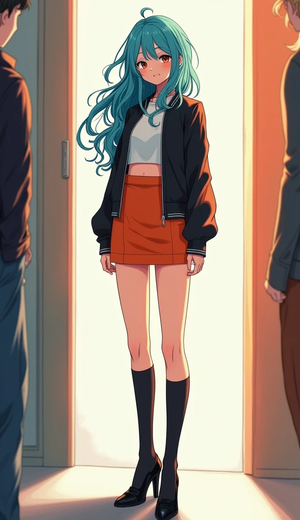 (Masterpiece), (Best Quality), (Super Detail), (disheveled Hair), (Illustration), (One Girl), Standing, Beholder, (Interview), (Simple Background), Finely Beautiful Eyes, Delicate Beautiful Face, Floating, (High Saturation), (Shine), Best Lighting, Best Shadows , Focus on Face,((full body in photo)), ((black knee high socks,long high heels,orange mini skirt,white crop top,black jacket,blue-cyan hair)),((thin-legged,skinny girl))