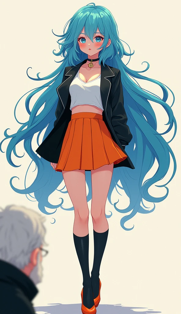 (Masterpiece), (Best Quality), (Super Detail), (disheveled Hair), (Illustration), (One Girl), Standing, Beholder, (Interview), (Simple Background), Finely Beautiful Eyes, Delicate Beautiful Face, Floating, (High Saturation), (Shine), Best Lighting, Best Shadows , Focus on Face,((full body in photo)), ((black knee high socks,long high heels,orange mini skirt,white crop top,black jacket,blue-cyan hair)),((thin-legged,skinny girl))