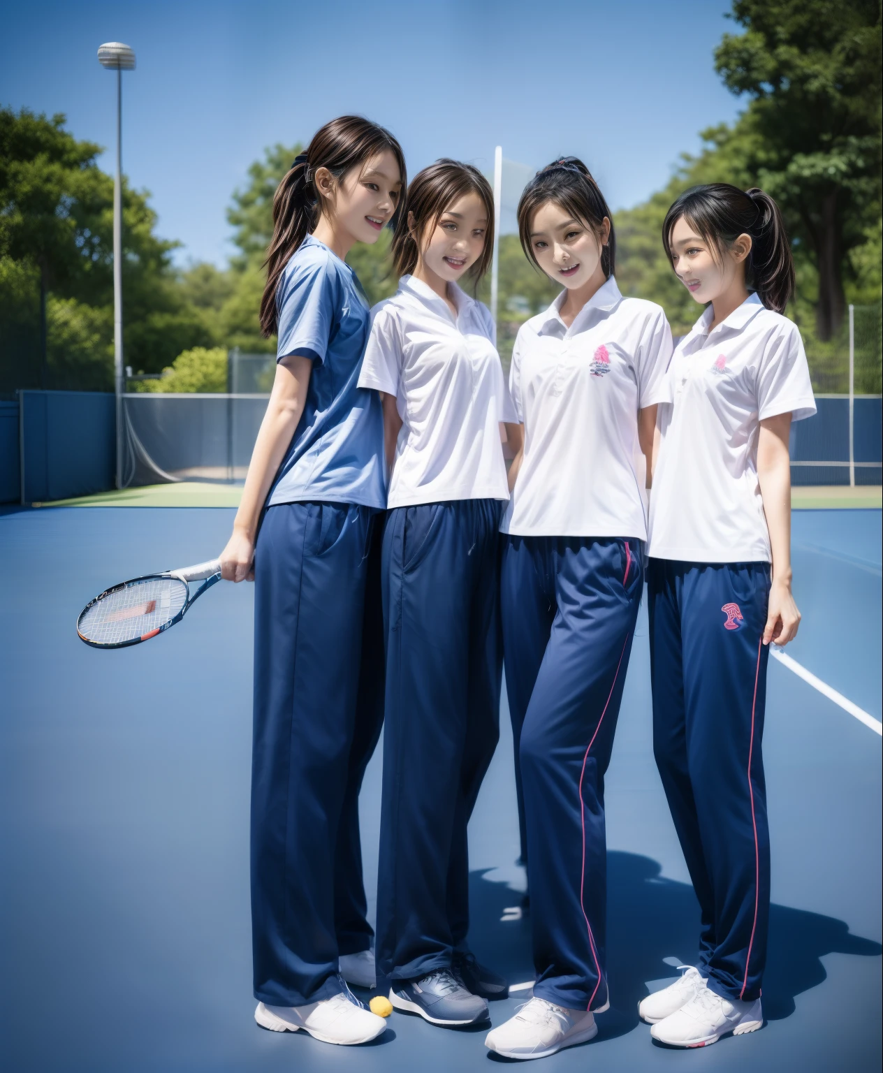 3 girls play tennis at tennis courts, Navy blue short-sleeved shirt,Navy Long Trackpant,Sweatpants, Sweatpantsขายาว,25 year old girl, lesbian, sexy, exercise clothes, wet body, exercise clothes