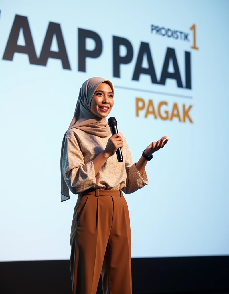 (photorealism:1:2), half body shot, front view, beautiful asian woman, asian skin color, oval face, late 30, attractive and confidence, wearing light color hijab, long sleeve light color batik shirt, brown pant, standing and speaking on stage, in a conference, wearing name tag, right hand holding microphone, she is facing the audience, white backdrop in the background , SMAN 1 PAGAK and PRODISTIK written on the backdrop