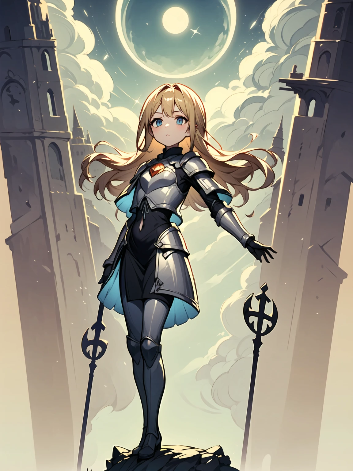 (((Masterpiece, best quality, 16k))) female character with long blonde hair and bright blue eyes. She wears a celestial armor in white, gold, and blue. wields a divine spear. The character has a determined expression, with a heavenly realm as the background. ((full body front view)). ((slender)), (extremely detailed:1.5), (long blonde hair:1.2), (bright blue eyes:1.2), (heavenly realm:1.1), (celestial armor:1.3), (divine spear:1.3).
