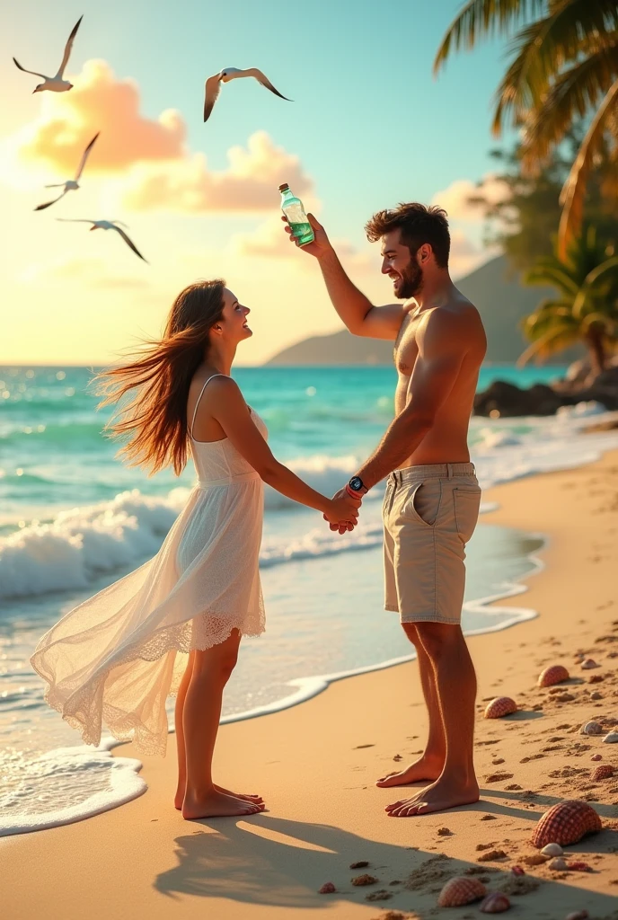 Couple on a beach throwing a bottle with a message inside, in the sea
