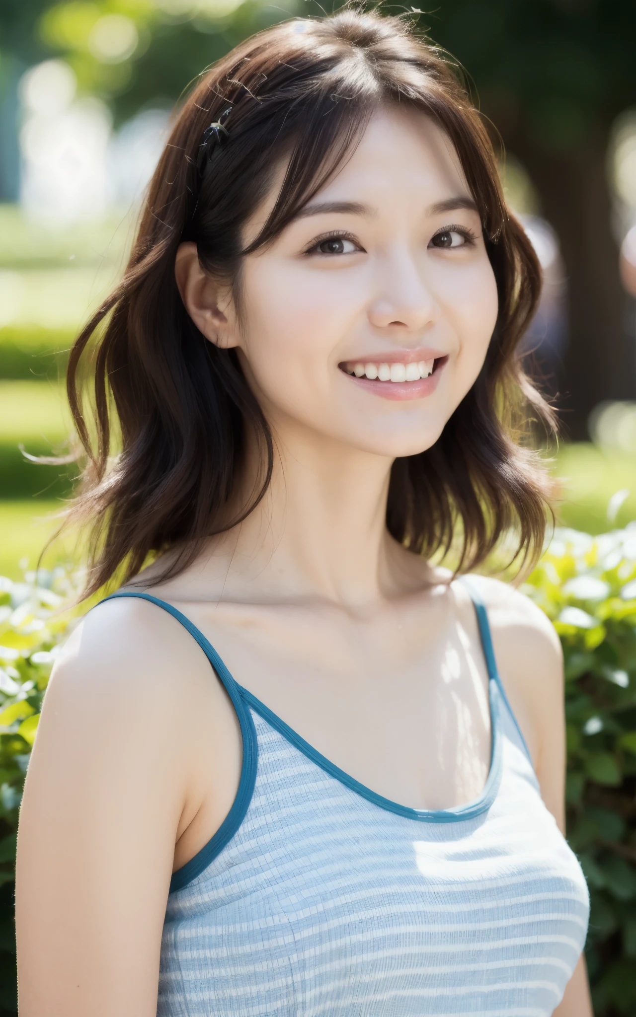 high quality, In 8K, Masseter muscle area, Lifelike, Sharp focus, high quality, High resolution, Detailed face, Detailed thick eyes, Thick lips, sweaty shiny skin:1.5, wet hair, solo, Middle-aged women, 55 years old, Wavy Hair, Cleavage, Wearing a plain camisole, Background Blur, in park garden, Wrinkles around the eyes, Toothy smile