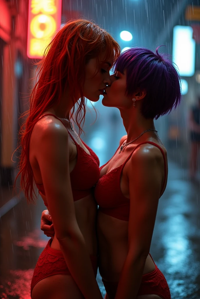 red-haired woman, At 40 years old, passionately kissing a Japanese woman, with short hair, purple, both wearing red lingerie, transparent and lace, both with wet bodies and sensual looks, under the rain