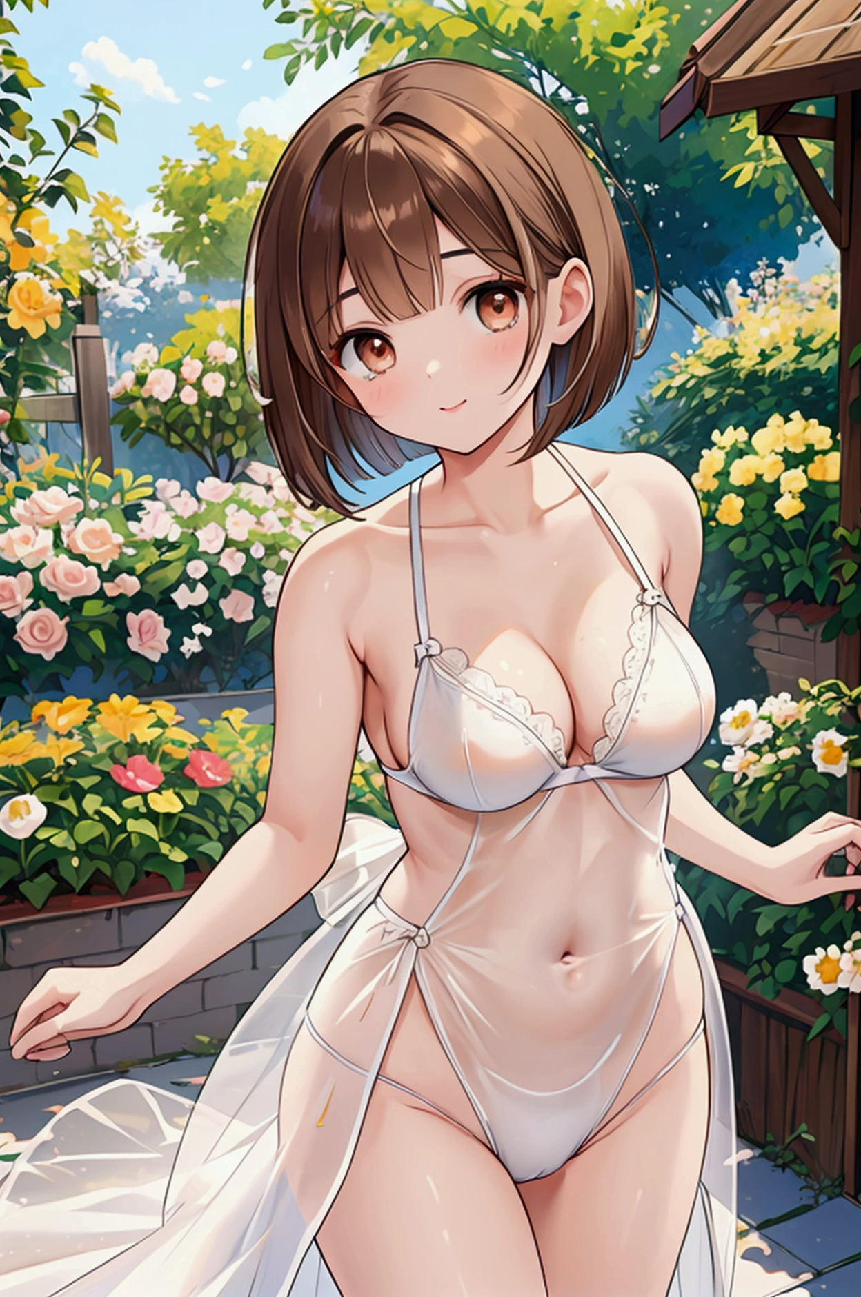 Photorealistic、Highest quality、Highest Resolution、Highest quality、16Ｋ、1 beautiful adult woman、Cute face、Delicate face、Bob cut hair、Ash brown hair color、Brown eyes、Delicate eyes、Beautiful Eyes、Beautiful breasts、Big Breasts、Gymnastics、garden、running、Exercise、Dynamic Angle、