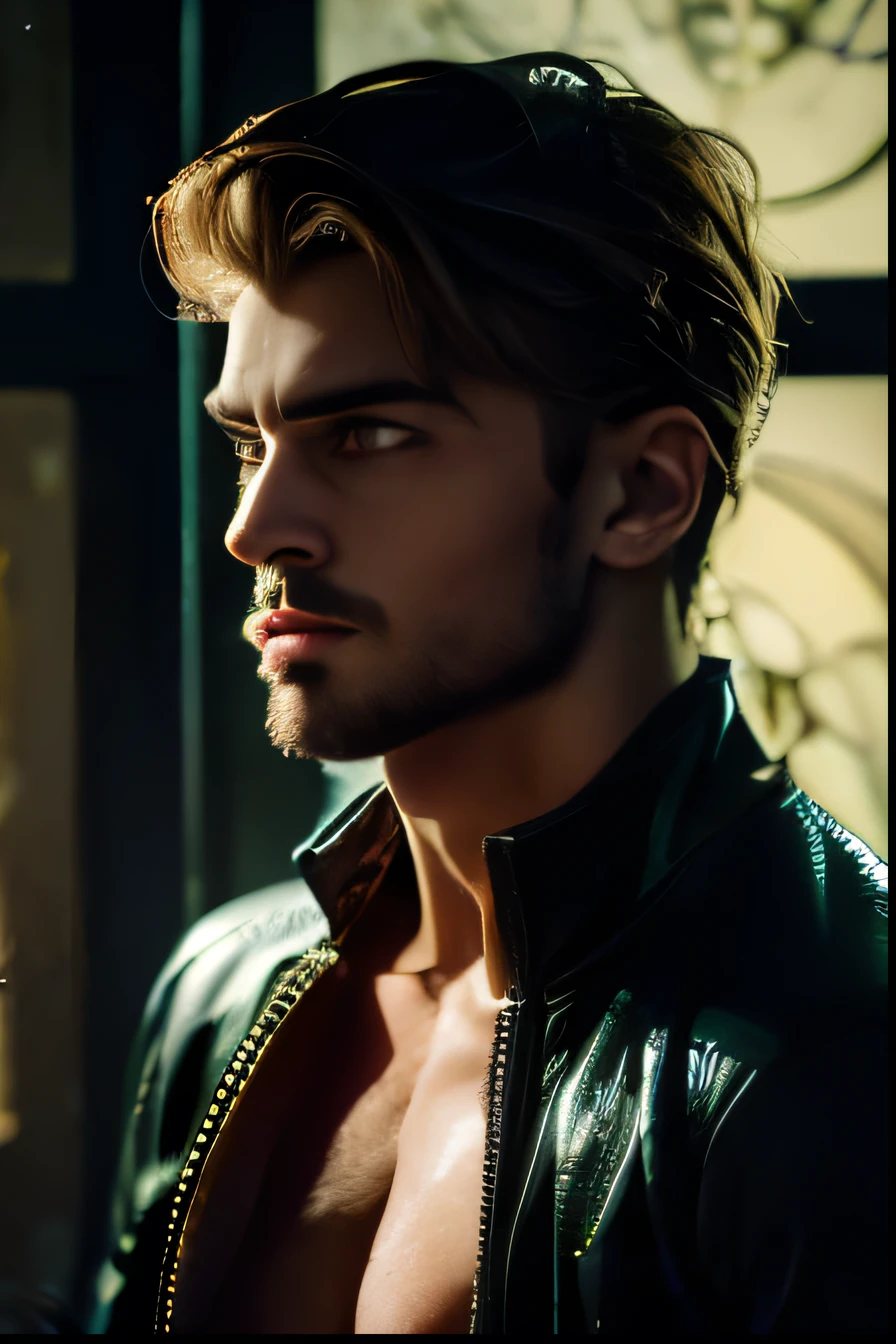 He was the personification of elegance, with a presence that emanated security and serenity. their hair, black as the starless night, were carefully combed, reflecting a subtle glow in the light. Their eyes, intense green, seemed to contain the wisdom of an entire world, deep and understanding, able to understand the anxieties of a soul with a simple look. The tanned skin, softly lit, contrasted perfectly with his precisely sculpted facial features, forming a radiant beauty that captured the attention of everyone around. His defined muscles were evident under the perfectly fitted outfit., suggesting strength and power, but also control. He walked with an imposing posture, mas ao mesmo tempo, there was something about him that made people feel protected and safe, how I know, Next to you, nothing bad could happen. Your presence, no matter how imposing it was, brought a feeling of tranquility and confidence, how I know ele estivesse sempre pronto para proteger aqueles que precisassem de seu apoio.






