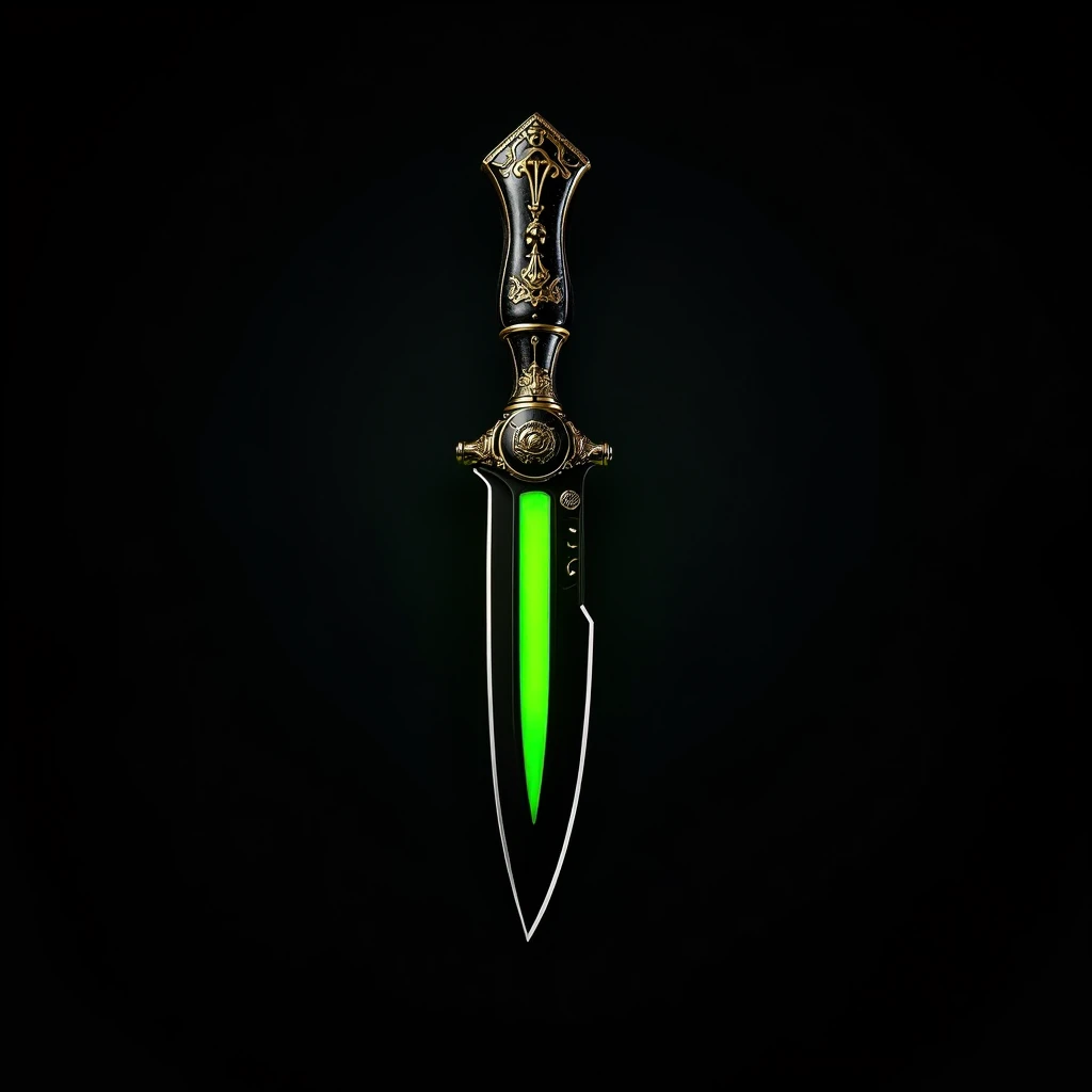 butterfly knife,The handle is black and gold, There is a vertical green mold fluorescent color in the middle of the knife,best quality,black background