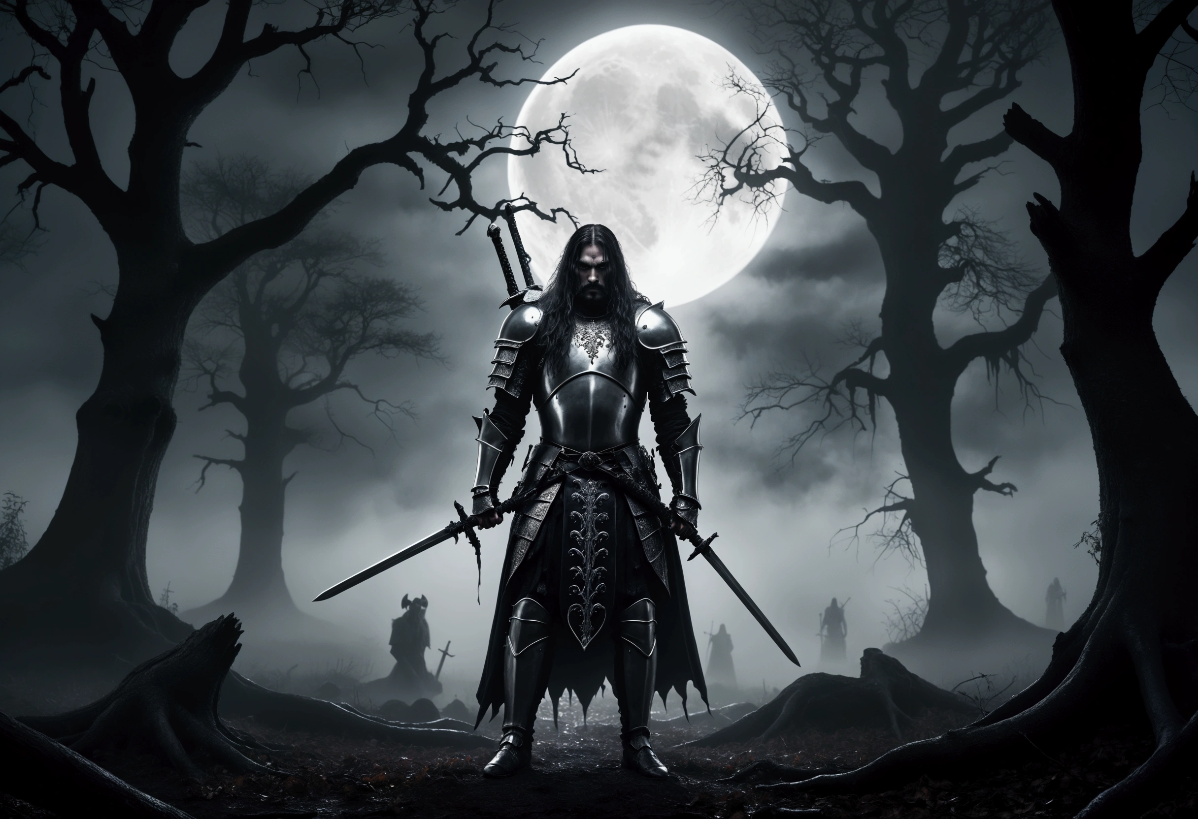 A dark, ominous warrior stands in the center of a haunting forest at night, under a large, glowing full moon. The warrior is dressed in detailed, medieval-style armor, holding dual swords, with flowing long hair and a menacing expression. The environment is eerie, with twisted, dead trees and skulls scattered on the ground, giving off a sinister atmosphere. The scene is set in monochromatic shades of black, grey, and white, reminiscent of dark fantasy or metal album cover art. The background includes intricate details of swirling mist and shadowy figures, enhancing the overall gothic and dark ambiance