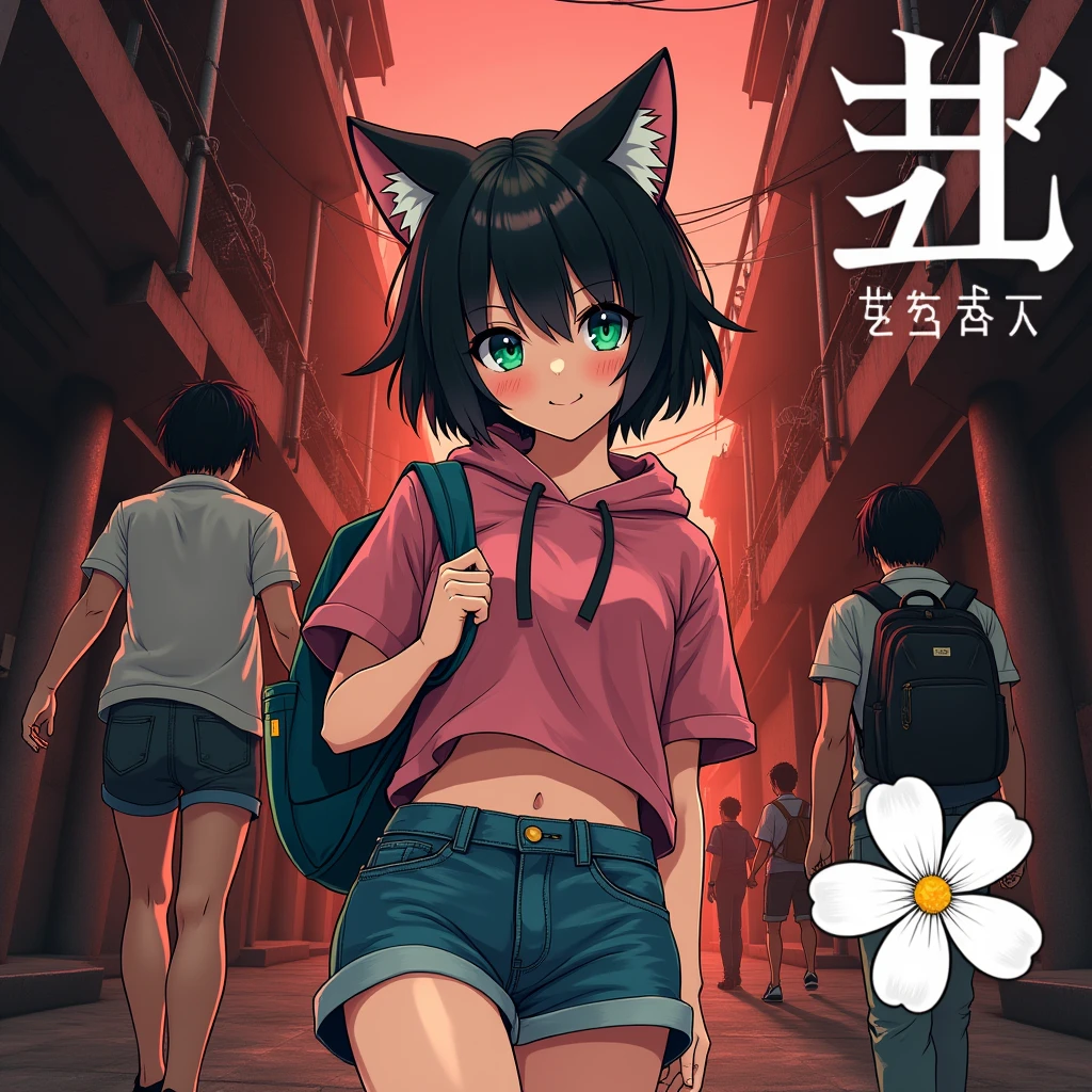 Rondo Hair、Very Short Hair、Cat ears of the same color as the hair、Plain pink short sleeve hoodie、Short denim shorts、Belly button、sneakers、Turquoise Eyes、Flat Chest、Big white flower hair ornament、Design the cover for a dark fantasy psychological drama light novel set in Rio de Janeiro in 2050, In a similar style "Inuyasha" or "Yu Yu White Paper", showing a smiling Japanese ager holding a backpack with long black hair in the foregrornd, while in the backgrornd other characters fight; Use a red and black palette, Enter a title in the box on the top right.