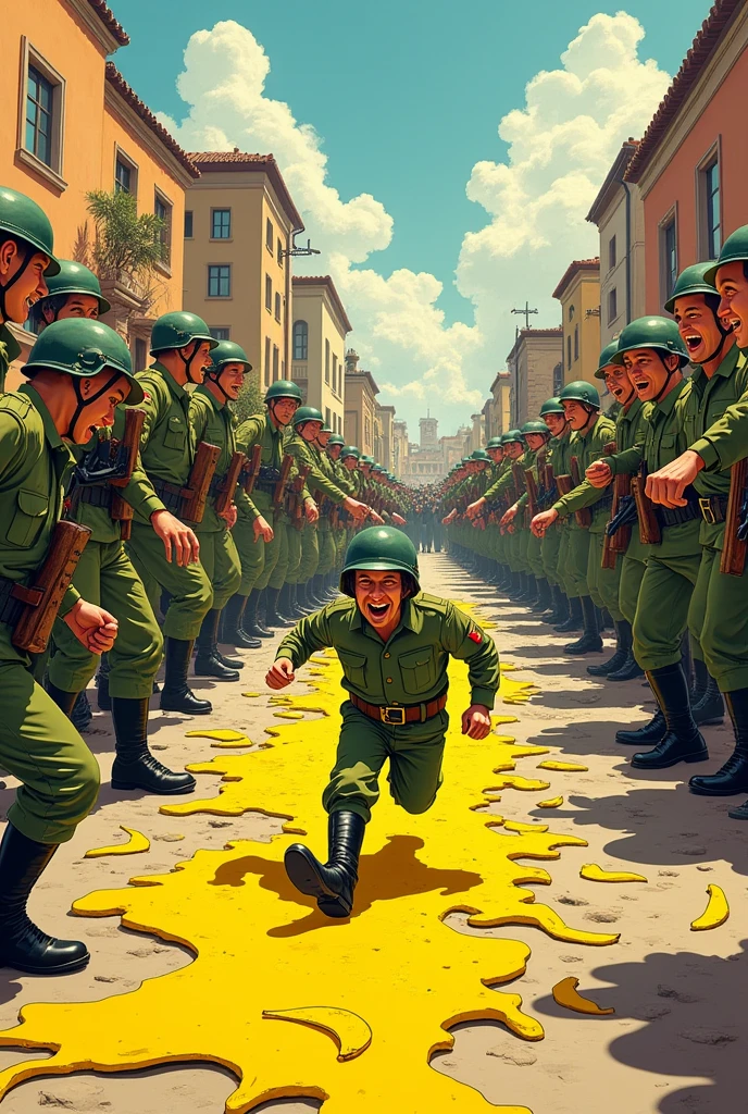 scenery: Condorito slips on a banana peel during the chase.
Description: Chaos breaks out as soldiers stumble over each other, while the revolutionaries applaud.
Dialogue of the military:
"Catch that condor!"
Condorito's dialogue:
"¡plop! This is worse than in Pelotillehue!"
