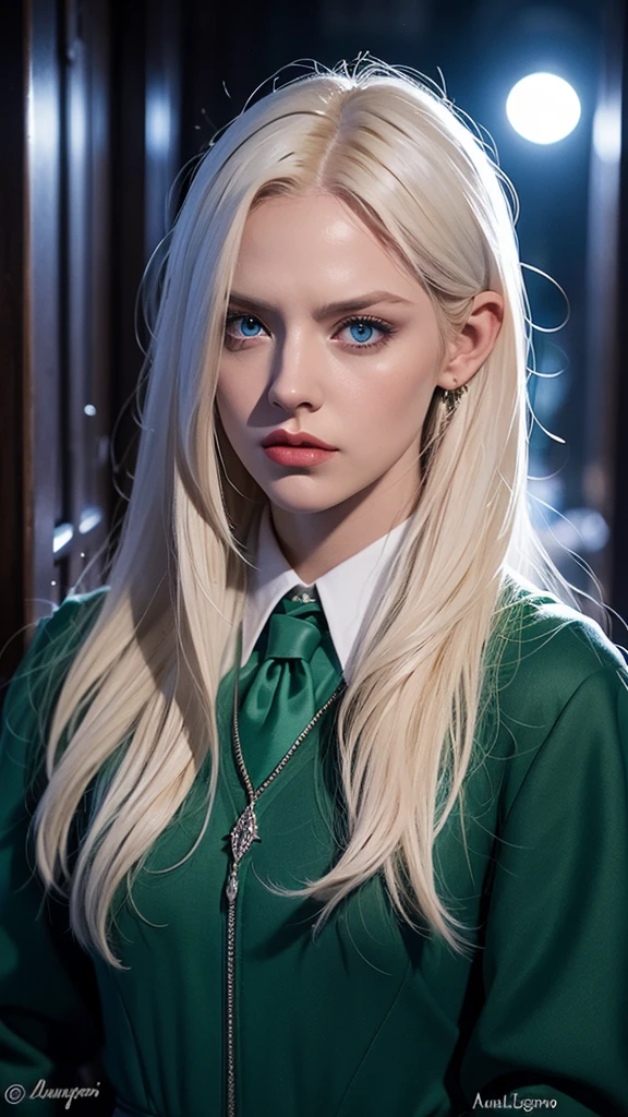 Woman, 28 years old, platinum blonde hair, blue eyes, angry face, hate, envy, Slytherin uniform, Hogwarts Dungeon at night, Meia luz, escuro