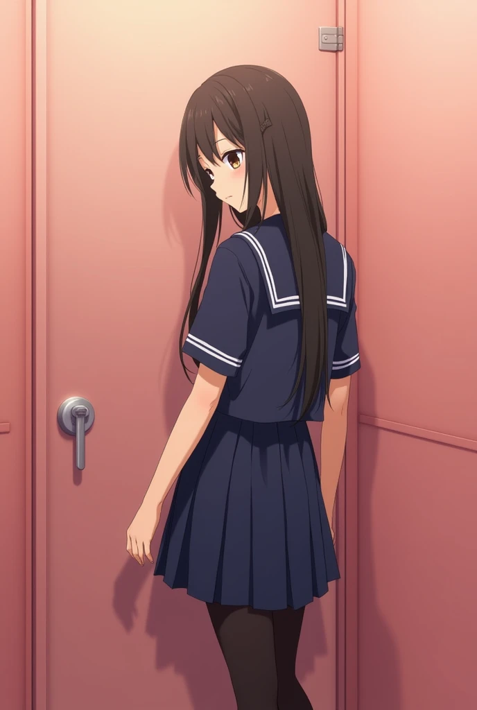 A Japanese second-year junior high school student wearing a navy blue sailor uniform has a baby face and a neat appearance. Her hair is long and untied. The color of the ribbon on her sailor uniform is white. She is wearing black tights down to her knees. The location is a private room in a girls&#39; restroom. The walls of the girls&#39; restroom are a light pink.