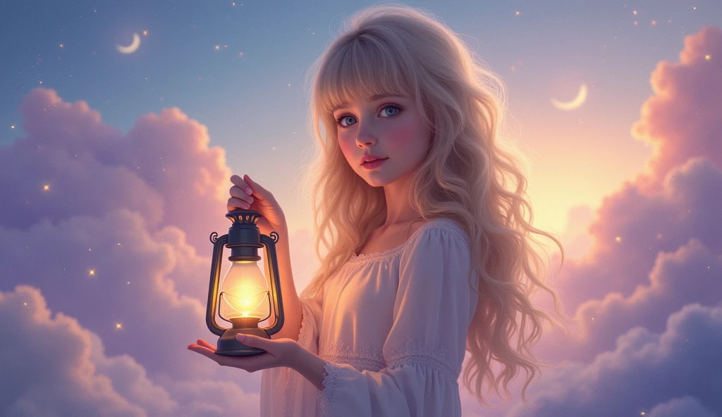 Create a dreamlike and ethereal scene featuring a beautiful young girl with long, blonde hair and bangs. She is holding a glowing candle lantern that softly illuminates her face and surroundings. The girl is standing or floating in a fantastical sky, surrounded by soft clouds, twinkling stars, and gentle hues of purples, blues, and pinks. Her expression is serene and slightly mysterious, as if she is guiding the way through the mystical atmosphere. The overall mood should be magical and peaceful, evoking a sense of wonder and tranquility.