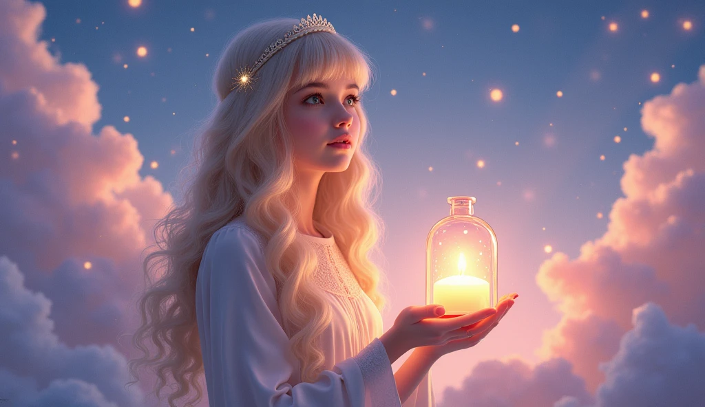 Create a dreamlike and ethereal scene featuring a beautiful young girl with long, blonde hair and bangs. She is holding a glowing candle lantern that softly illuminates her face and surroundings. The girl is standing or floating in a fantastical sky, surrounded by soft clouds, twinkling stars, and gentle hues of purples, blues, and pinks. Her expression is serene and slightly mysterious, as if she is guiding the way through the mystical atmosphere. The overall mood should be magical and peaceful, evoking a sense of wonder and tranquility.