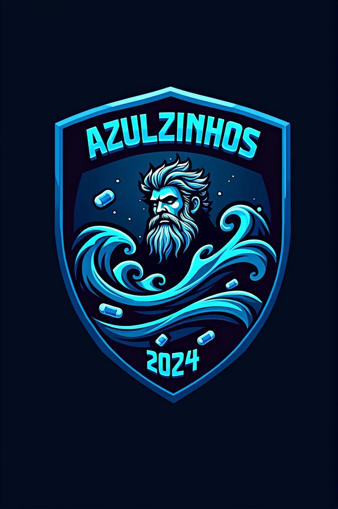 I need a logo for a school games team with the predominant colors dark blue, black and a little light blue, but mainly dark blue, the name of the team is "Azulzinhos" and I want this to be printed, I also want the year 2024 in the logo and in the middle of all this, poisedon, the God of the oceans and somewhere on the shield medicine capsules and some waves, preferably that the shield is intimidating in the eyes of the opponents