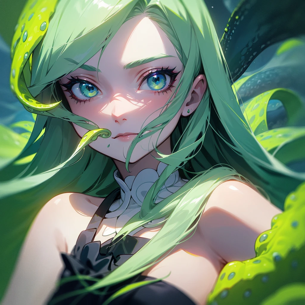 sea witch painting, Long Green Hair, evil, evil党, She is coming to you, Close-up, Dark Ocean,( In the water:1.1), lightning, Bright Eyes, Wearing a dress made of algae, Tentacles, octopus, (Close-up:1.3)