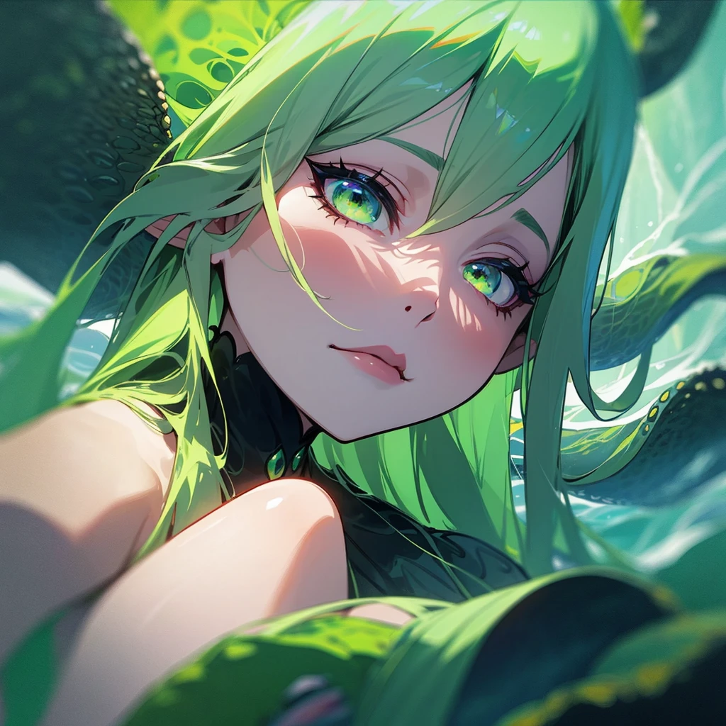 sea witch painting, Long Green Hair, evil, evil党, She is coming to you, Close-up, Dark Ocean,( In the water:1.1), lightning, Bright Eyes, Wearing a dress made of algae, Tentacles, octopus, (Close-up:1.3)