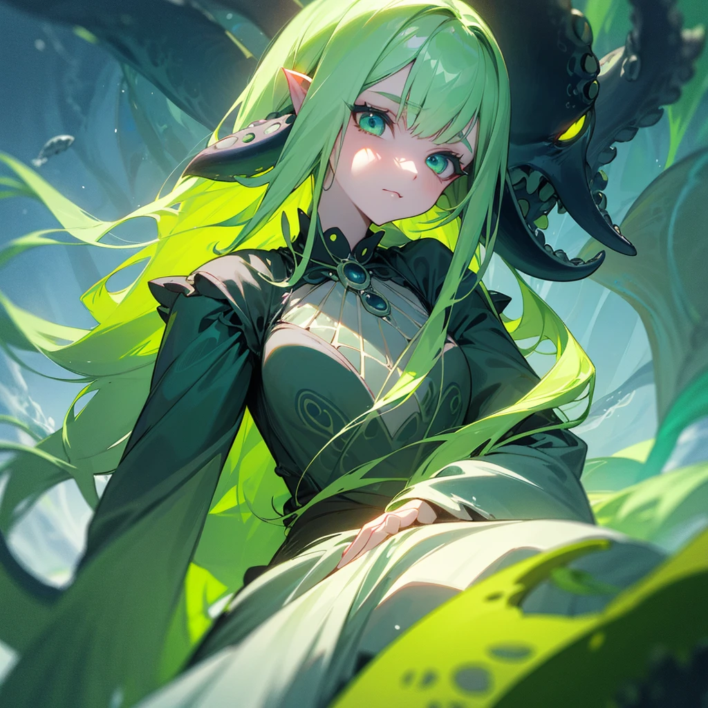 sea witch painting, Long Green Hair, evil, evil党, She is coming to you, Close-up, Dark Ocean,( In the water:1.1), lightning, Bright Eyes, Wearing a dress made of algae, Tentacles, octopus, (Close-up:1.3)