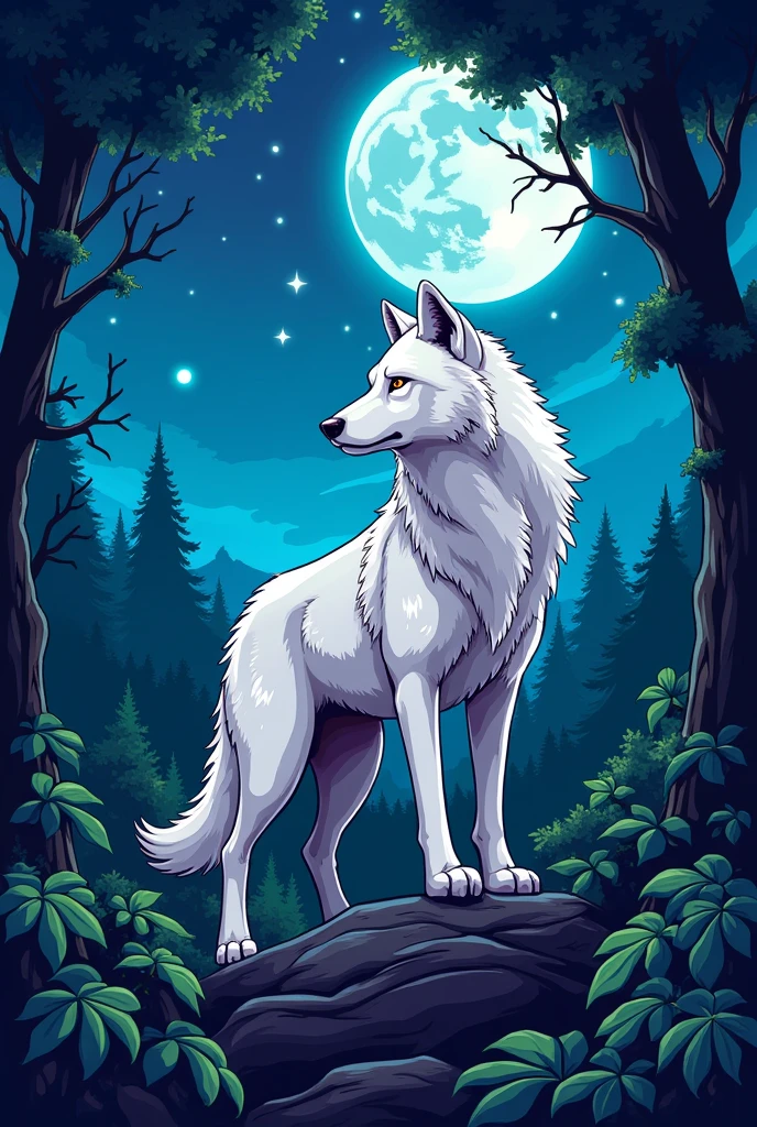 a cartoon image with the word NoSkill77 with a theme in video games, with a night nature background and a White Alpha Wolf