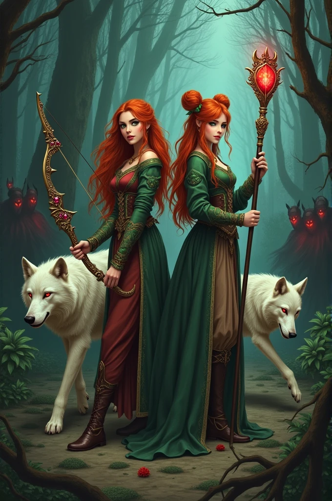 TWO SISTERS, the first one has long, loose red hair and green eyes, carries a bow and arrow studded with rubies. The second sister has red hair tied in two buns., carries a large staff with an emerald on the tip. Two wolves protect them, the first one has white fur and red eyes. The second wolf has brown fur and black eyes.. Ao fundo, a group of vampires hide in the shadows so that only their pairs of red eyes are visible