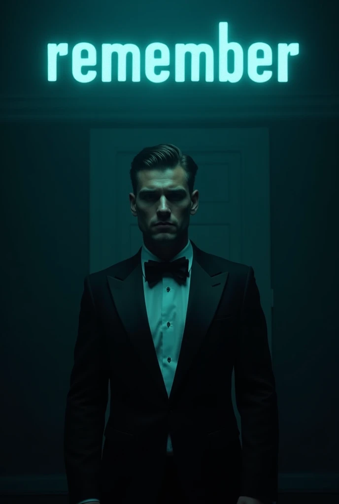 Generates in a dark room a man with his hair combed and dressed in a gala dress looking straight ahead and above him a cyan text saying "remember" All this with a pixelated style like a video game like Undertale.