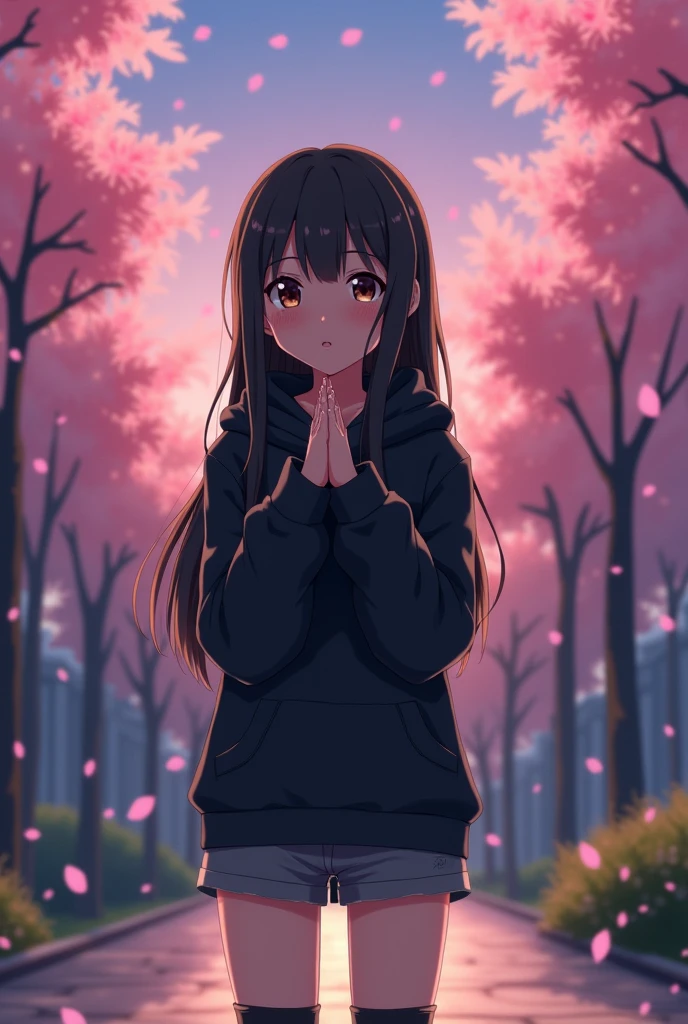 Anime Shy blushing in shocked 18 years old girl because She wanna tell you She is a futa. Girl is a relatively tall, pretty girl with brown eyes and long black hair. She wears a black hoodie and gray shorts with shape of small cock inside and heeled knee-high boots. She cries and blushes because She wants to tell you that she is a futa but is scared you gonna leave her so she cry in fear.