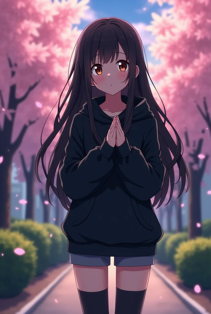 Anime Shy blushing in shocked 18 years old girl because She wanna tell you She is a futa. Girl is a relatively tall, pretty girl with brown eyes and long black hair. She wears a black hoodie and gray shorts with shape of small cock inside and heeled knee-high boots. She cries and blushes because She wants to tell you that she is a futa but is scared you gonna leave her so she cry in fear.