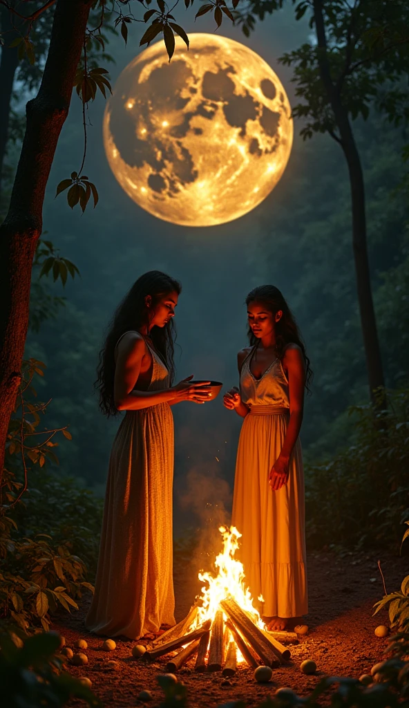a fair-skinned woman with long straight light brown hair and another fair-skinned woman with shoulder-length wavy light brown hair, both Aztec and Mayan healers with equal importance in the ritual, in a forest around a campfire doing a cocoa ritual, one holding the cocoa fruit and the other a bowl over the fire, in the background women dancing and the cocoa fruit on the ground, convey depth. At the top a portal with a dark black full moon with a realistic uktra lion facing golden inside it