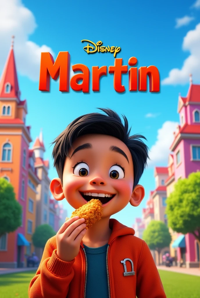 A 3D Disney movie cover with the title: Martin, with a fat, light brown-skinned boy with straight black hair eating a fried chicken wing