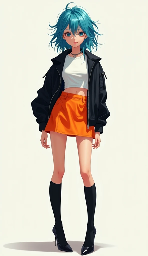 (Masterpiece), (Best Quality), (Super Detail), (disheveled Hair), (Illustration), (One Girl), Standing, Beholder, (Interview), (Simple Background), Finely Beautiful Eyes, Delicate Beautiful Face, Floating, (High Saturation), (Shine), Best Lighting, Best Shadows , Focus on Face,((full body in photo)), ((real human,black knee high socks,long high heels,orange mini skirt,white crop top,black jacket,blue-cyan hair)),((thin-legged,skinny girl))