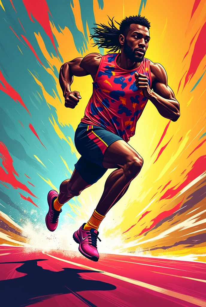 Salut génère moi une images de sportif qui coure très vite dans un style pop art 