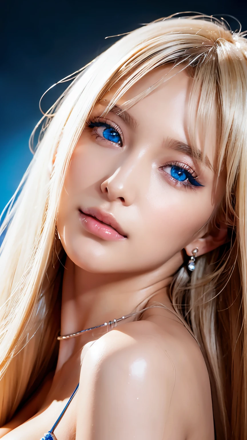 Unparalleled beauty, Glossy, firm and shiny skin, Bangs between the eyes, Beautiful shiny, straight platinum blonde, Super long straight silky hair, eyeliner, sexyで美しい無邪気な, Amazingly large and high quality、beautifully、Bright Blue Eyes, beautifullyて素敵な, ((Huge ))、((erotic、sexy、Ultra-high resolution、The lighting is bright、Precise needles without discomfort))、