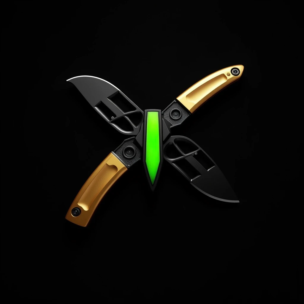 butterfly knife,The handle is black and gold, There is a vertical green mold fluorescent color in the middle of the knife,best quality,black background