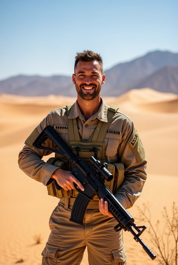 Army officer smiling and standing at desert with rifle