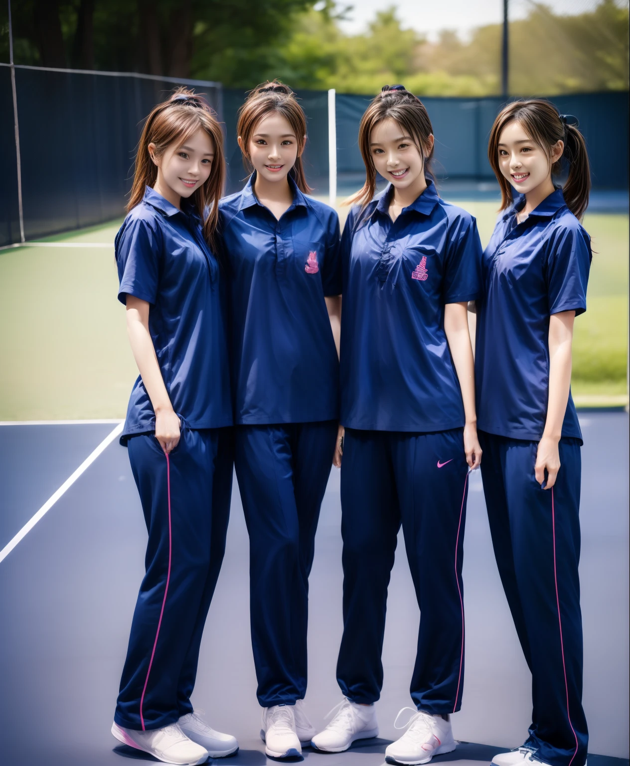 3 girls play tennis at tennis courts, Navy blue short-sleeved shirt,Navy Long Trackpant,Sweatpants, Sweatpantsขายาว,25 year old girl, lesbian, sexy, exercise clothes, wet body, exercise clothes