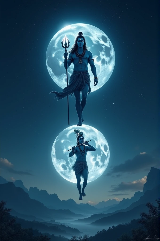 A surreal night sky with two luminous moons, one above and one below, in perfect symmetry. The upper moon features a serene image of Lord Shiva, depicted with a well-defined, muscular physique, holding his trident, with the crescent moon on his forehead, surrounded by a gentle halo of light. The lower moon showcases Lord Krishna, with a graceful, athletic body, playing his flute, adorned with a peacock feather in his hair, and a soft aura around him. The background is a deep, starry night with subtle clouds, and the landscape below is peaceful, blending with the cosmic atmosphere of the scene.