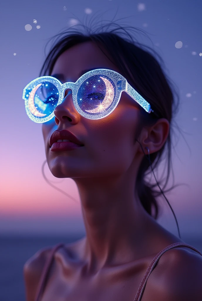 The model is wearing glass sunglasses with stars and the moon on the glass
