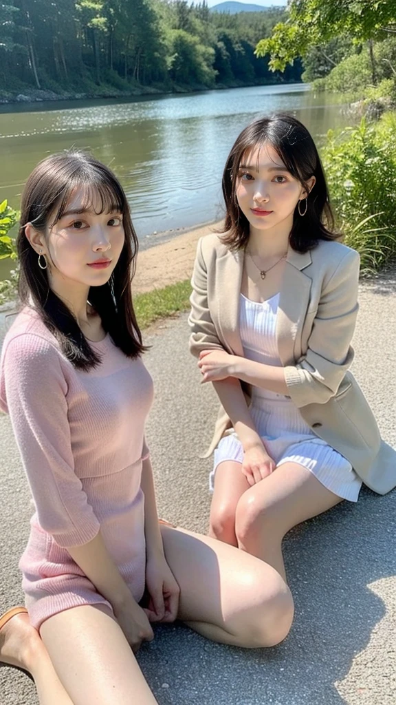 ((High-definition images, masterpiece, atmospheric perspective, 8k, Super detailed, Accurate, highest quality)), (((Cute Western woman masturbating))), (casual style), Jacket, unbuttoned shirt, swollen areole, (round face, realistic size of eyes, droopy eyes, blush, smile), (((stand and spread your legs, focus on pubic hair))), (in the forest, Mountain, rock, Narrow River, At night), blonde braided hair, small earrings, thin necklace, (light makeup), 
similar identical twins
All the girls have the exact same face, The two have the same face and figure, as if they were mirror images