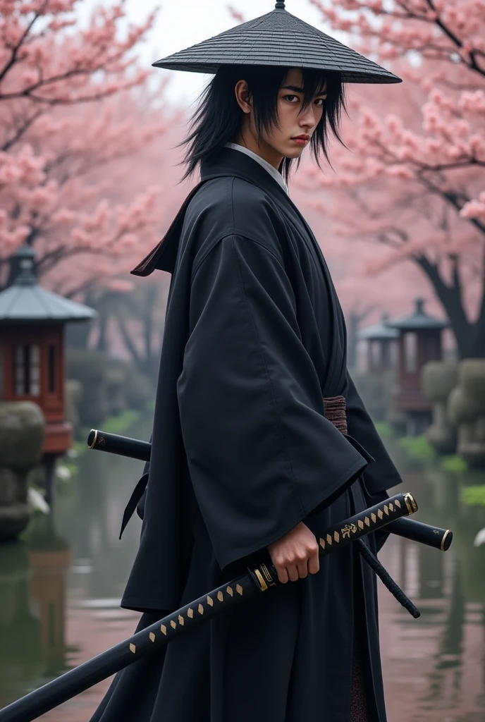 Male samurai character with a very effeminate face, shoulder-length hair, Japanese face, delicate look, serious face, black kimono, black sword, classic samurai hat and closed katana