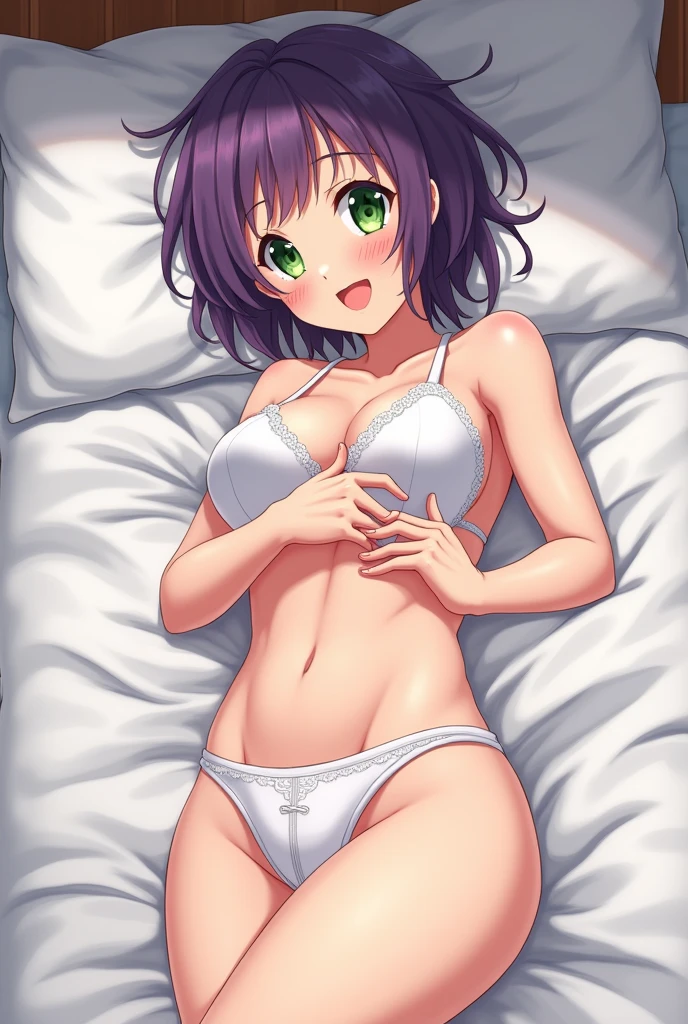 An Anime highschool Girl in underwear lying ON the bed in White underwear, the Girl has a thicc Body, is sexy, has very short purple Hair, Green eyes, oily eyelashes, is moaning, because shes put her Hand under the panties, smiling
