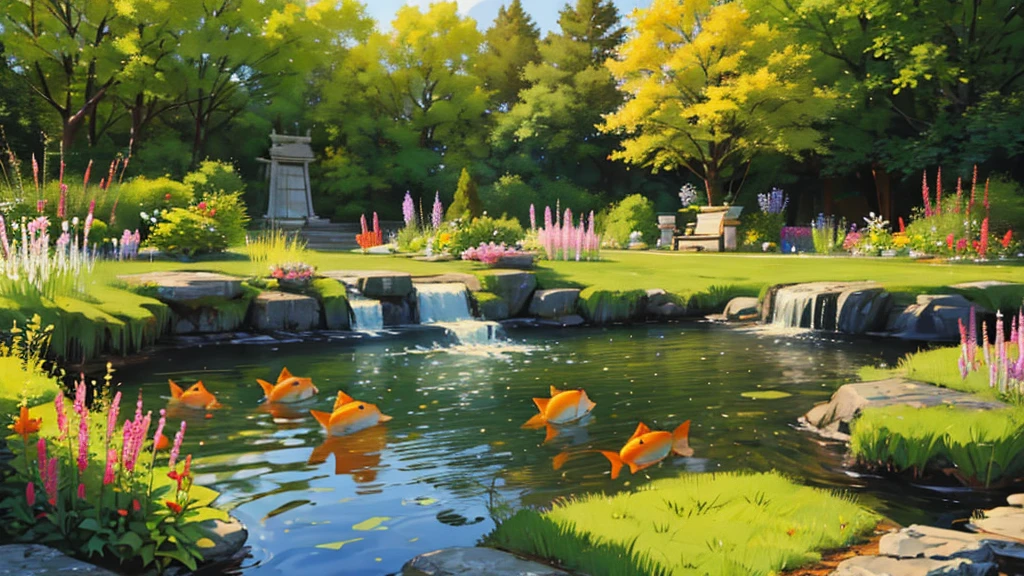 luxirous calm garden, witth a pound with small japanese fishs